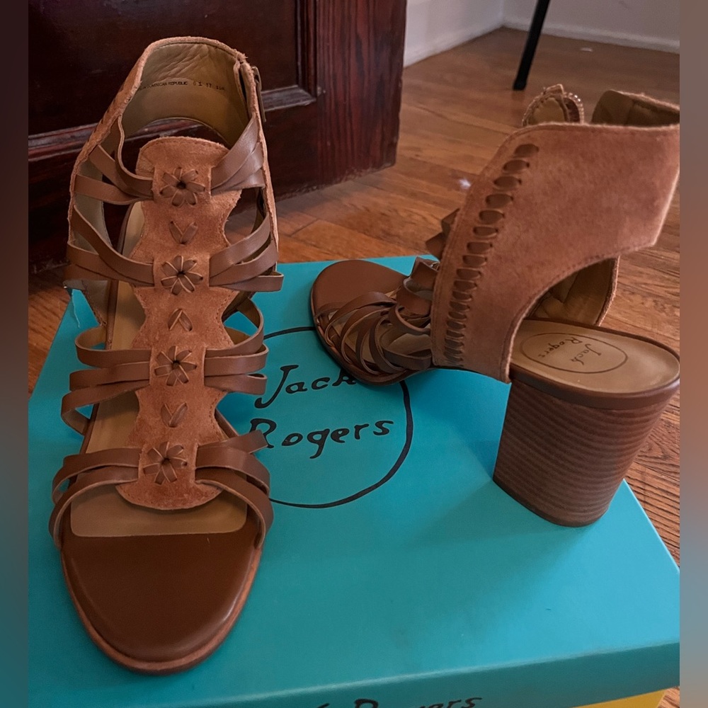Jack Rogers, tan gladiator block heel, New in box